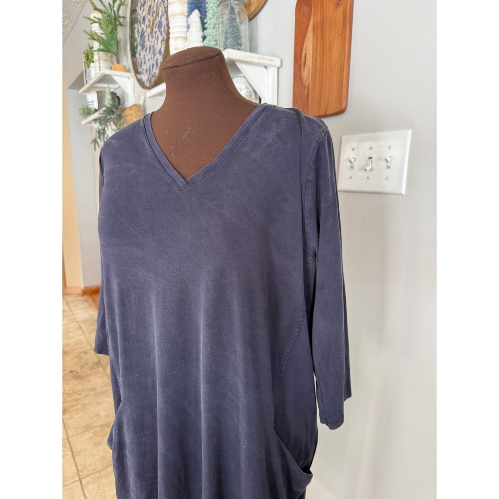 Eileen Fisher Navy Blue Tencel Lyocell V-Neck Shift Dress with Pockets Large - Picture 2 of 10